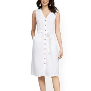 LOFT White Linen Buttoned Down V-Neck Midi Sundress